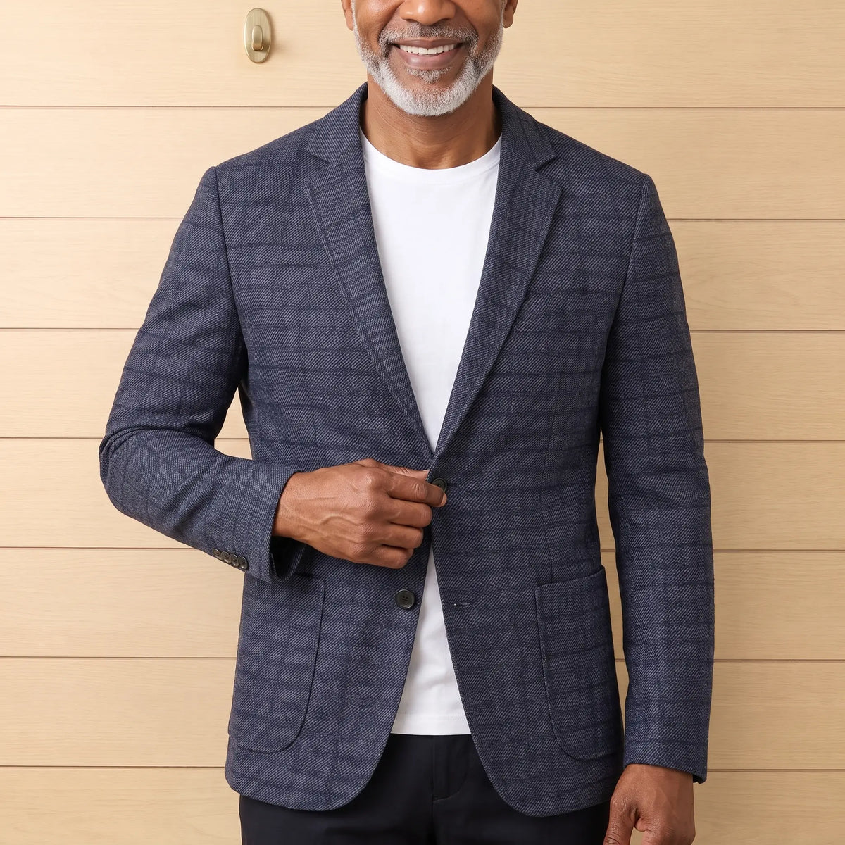 Twill Check Blazer in Blue worn over a white tee