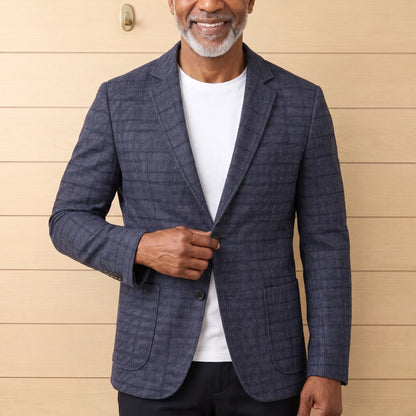 Twill Check Blazer in Blue worn over a white tee