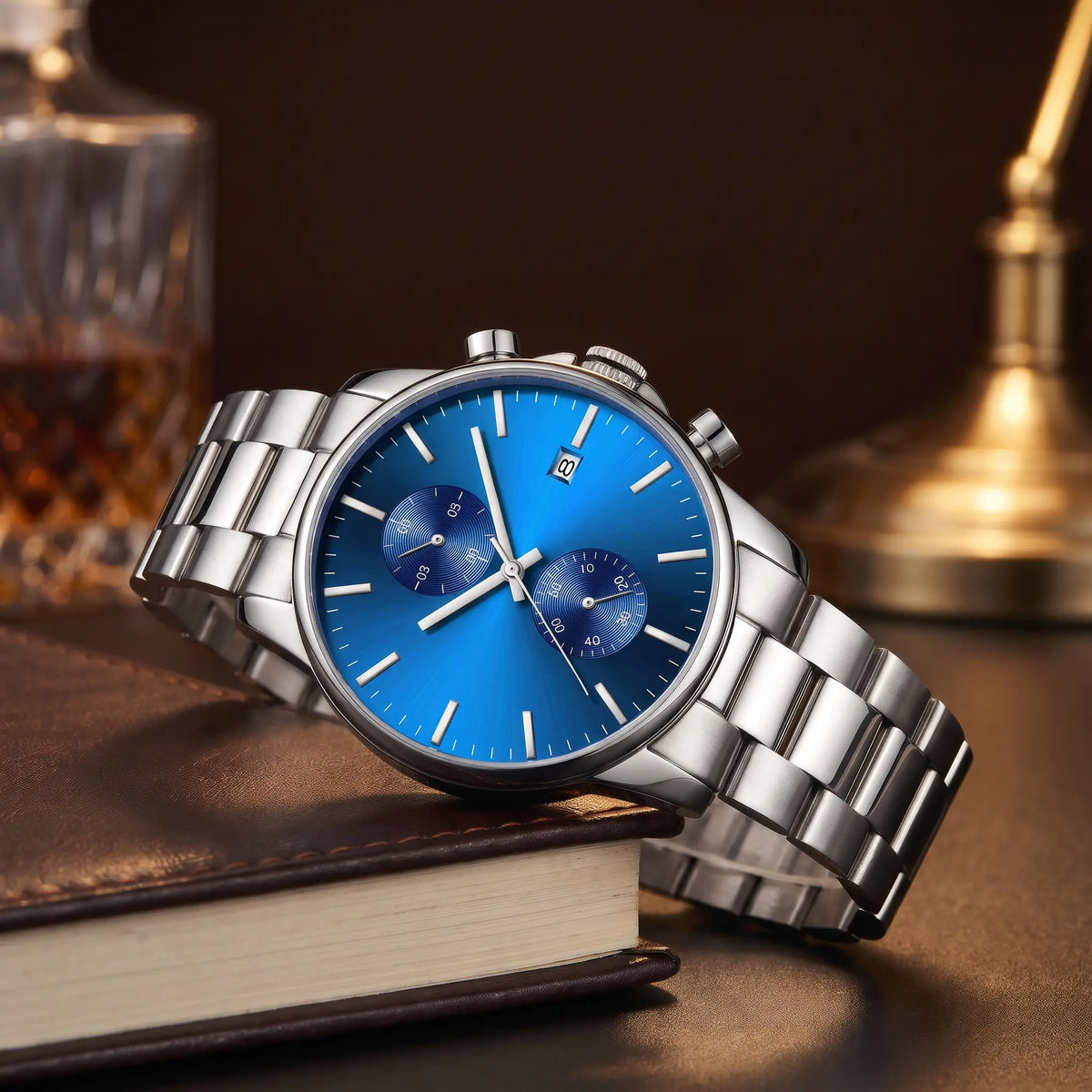 Twin Dial Chronograph in Silver Blue, side angle