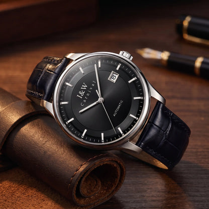 Black two tone dial men's automatic watch with a navy leather strap