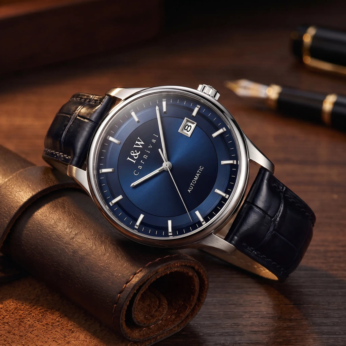 Blue two tone dial men's automatic watch with a navy leather strap
