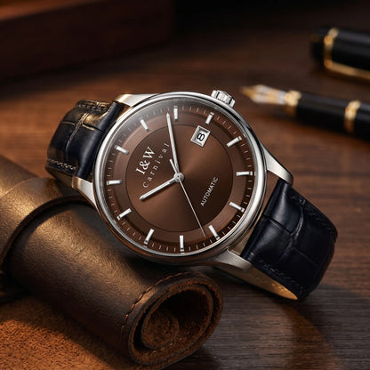 Brown two tone dial men's automatic watch with a navy leather strap