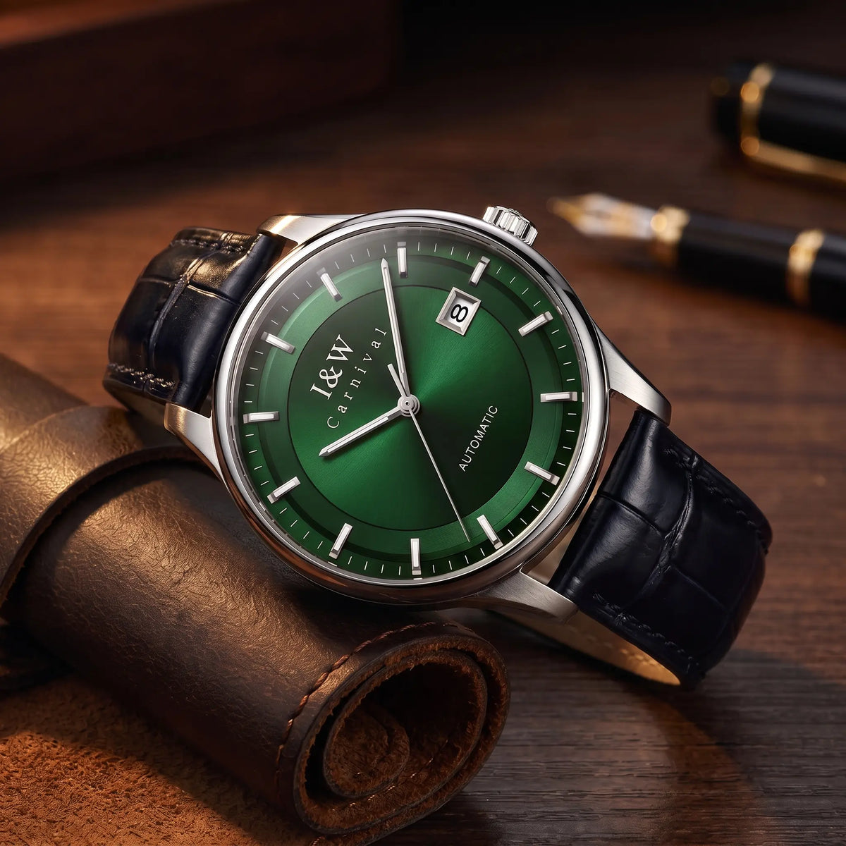 Green two tone dial men's automatic watch with a navy leather strap