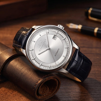 Silver two tone dial men's automatic watch with a navy leather strap
