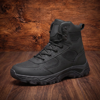VENTED HIKING BOOTS in black, mid top hiking boot with vent holes and chunky lugged sole on a wood floor