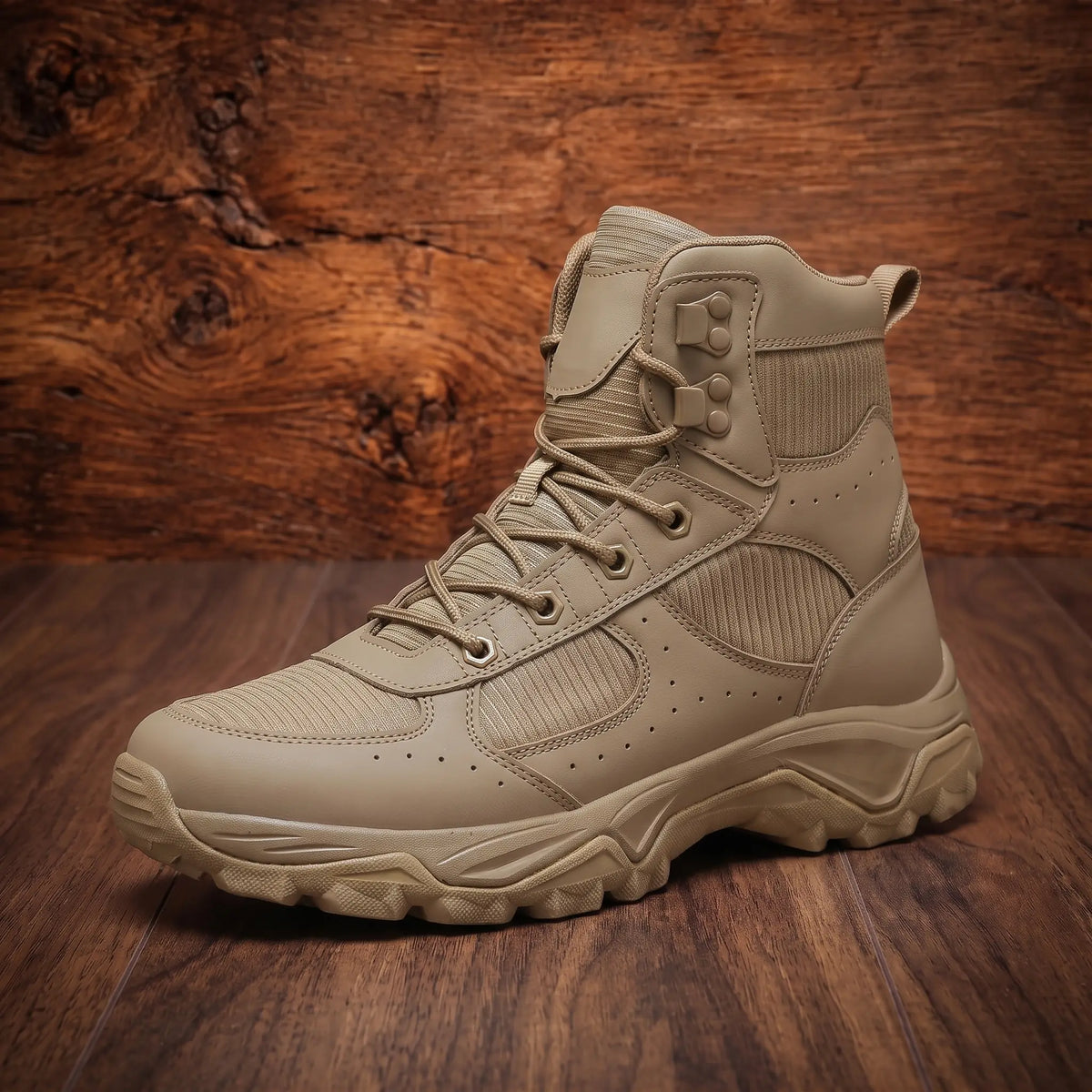 VENTED HIKING BOOTS in khaki, mid top hiking boot with vent holes and chunky lugged sole on a wood floor