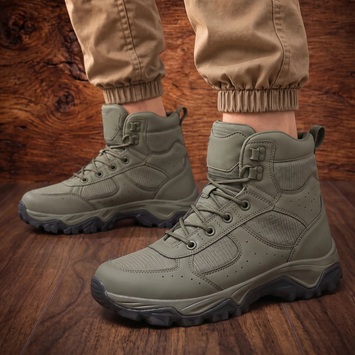 Man standing wearing the VENTED HIKING BOOTS with khaki cargo trousers on a wood floor