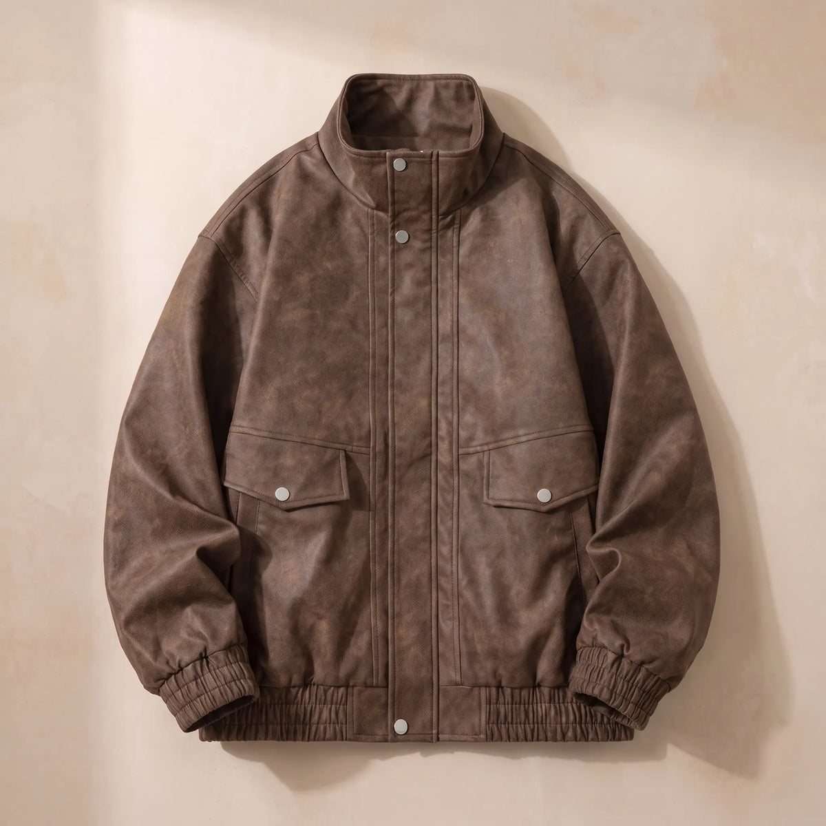 Front view of the snap placket and flap pockets