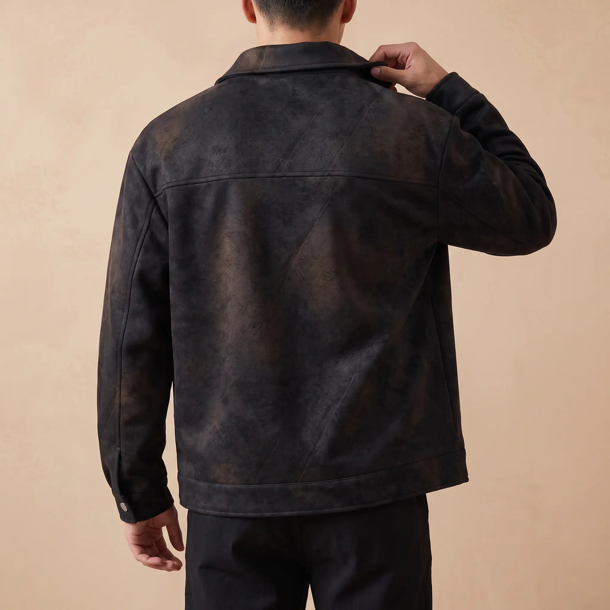 Vintage Wash Jacket in Black worn, back view