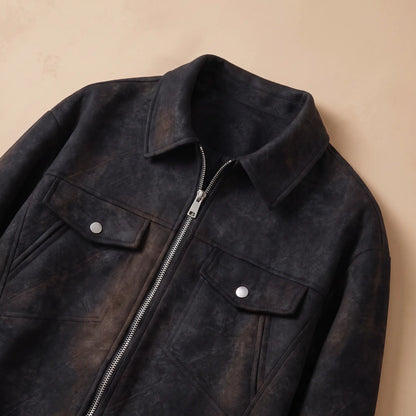 Vintage Wash Jacket collar, zip and snap chest pocket close-up