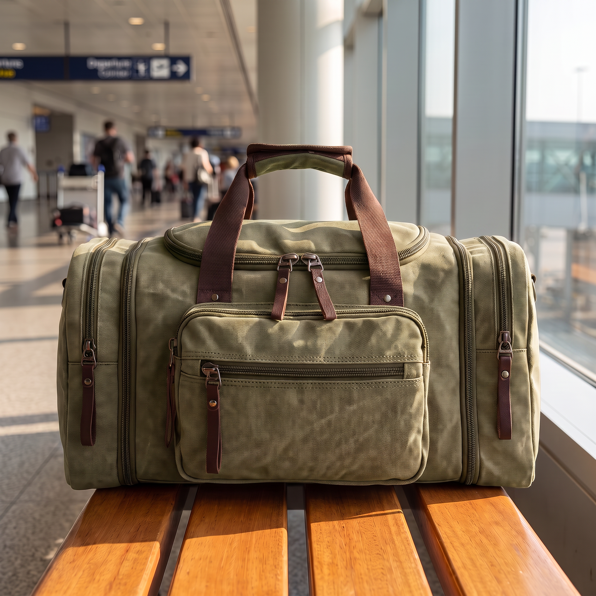 Voyage Canvas Duffle in army green on an airport bench