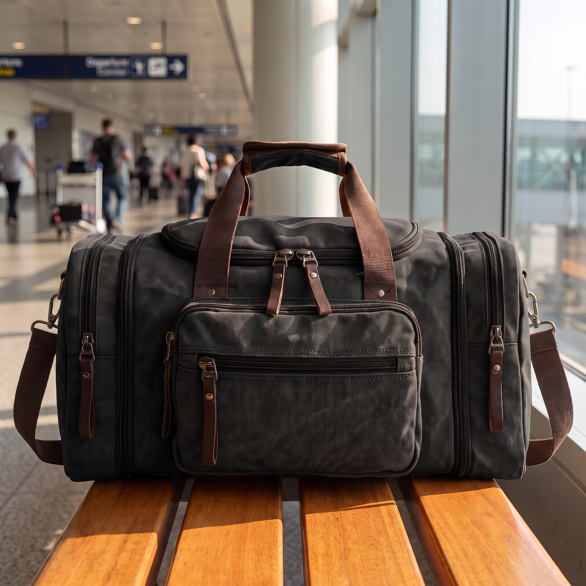 Voyage Canvas Duffle in black on an airport bench