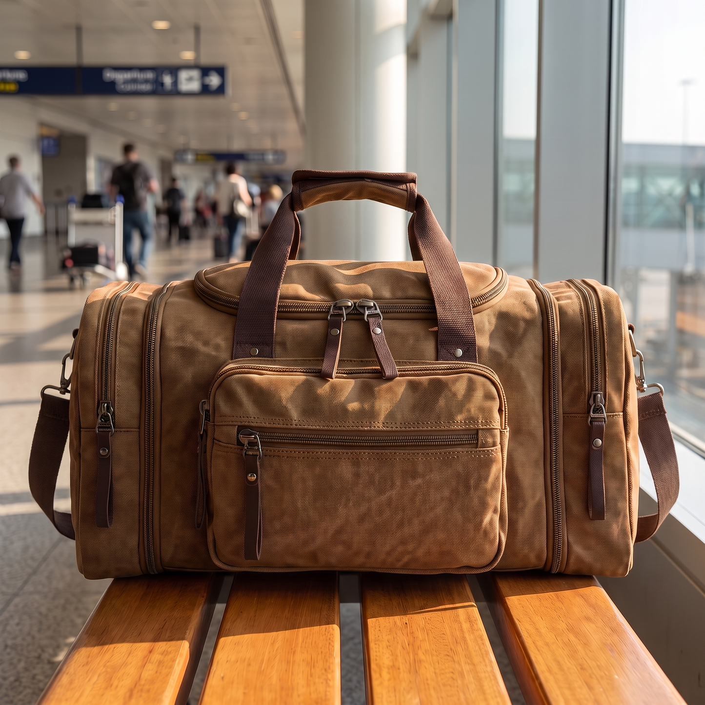 Voyage Canvas Duffle in brown on an airport bench