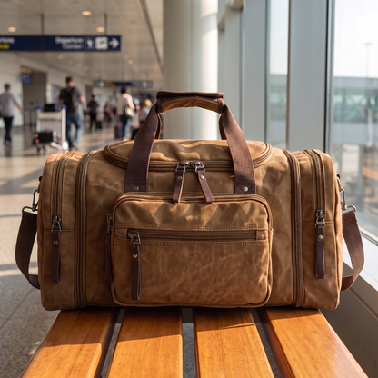 Voyage Canvas Duffle in brown on an airport bench