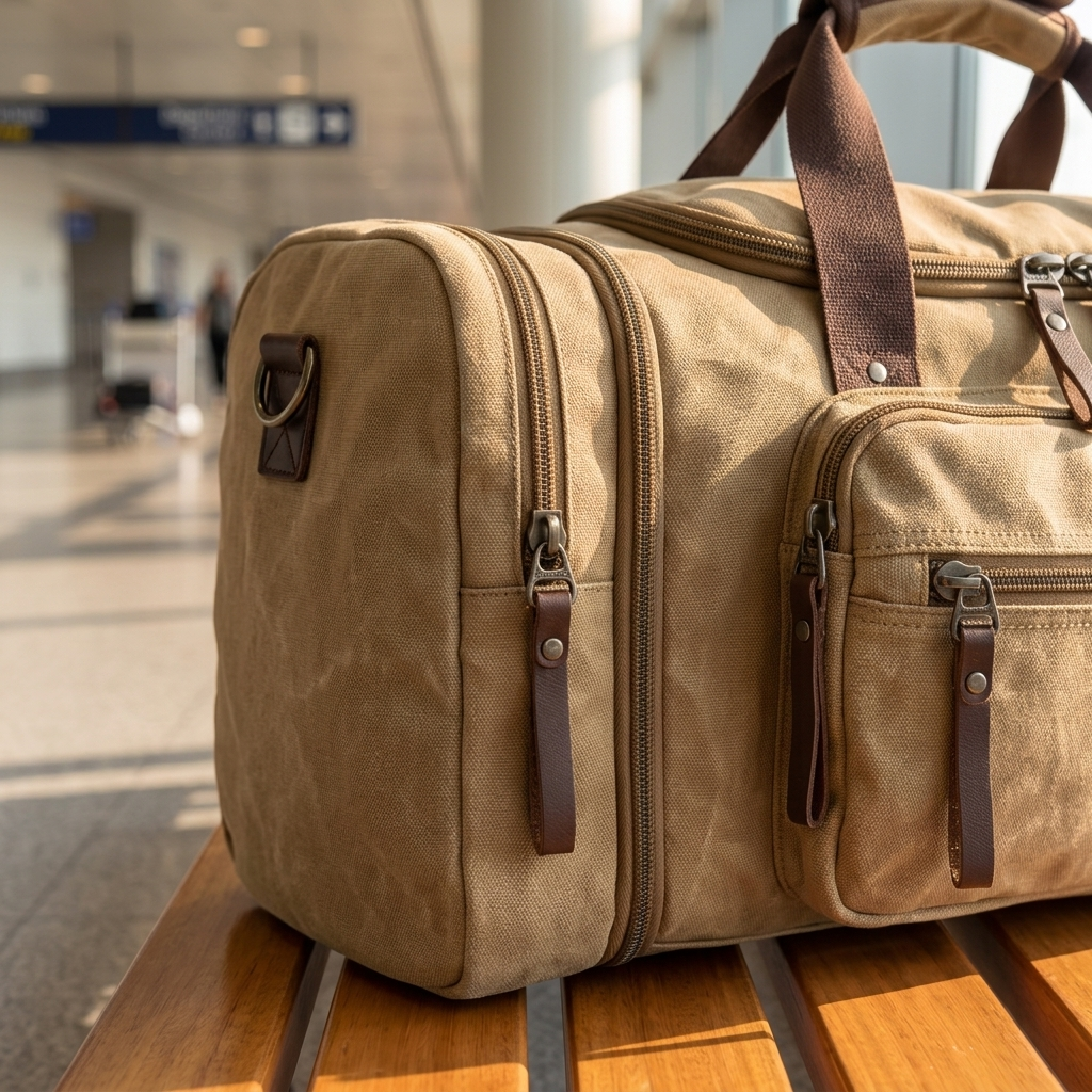 Voyage Canvas Duffle end panel and side pocket detail