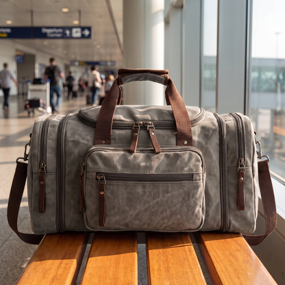 Voyage Canvas Duffle in gray on an airport bench