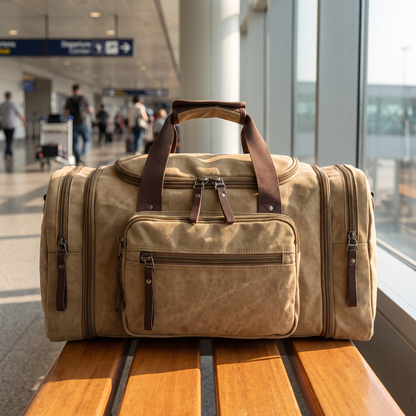 Voyage Canvas Duffle in khaki on an airport bench