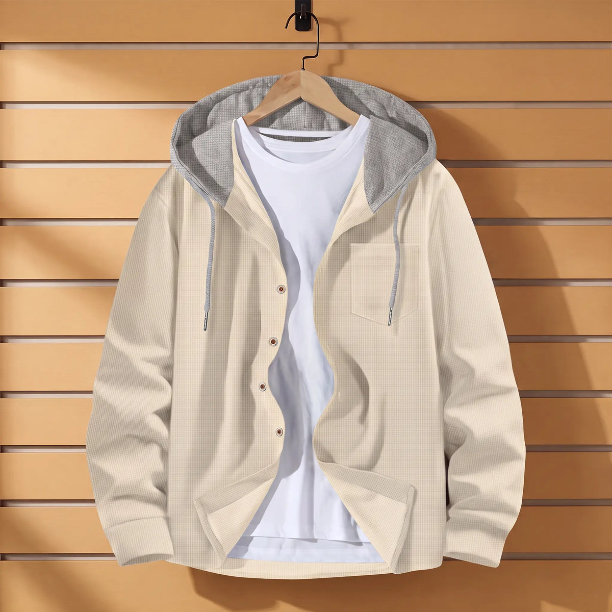 Waffle Hood Cardigan in Beige with grey hood