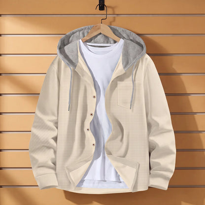Waffle Hood Cardigan in Beige with grey hood