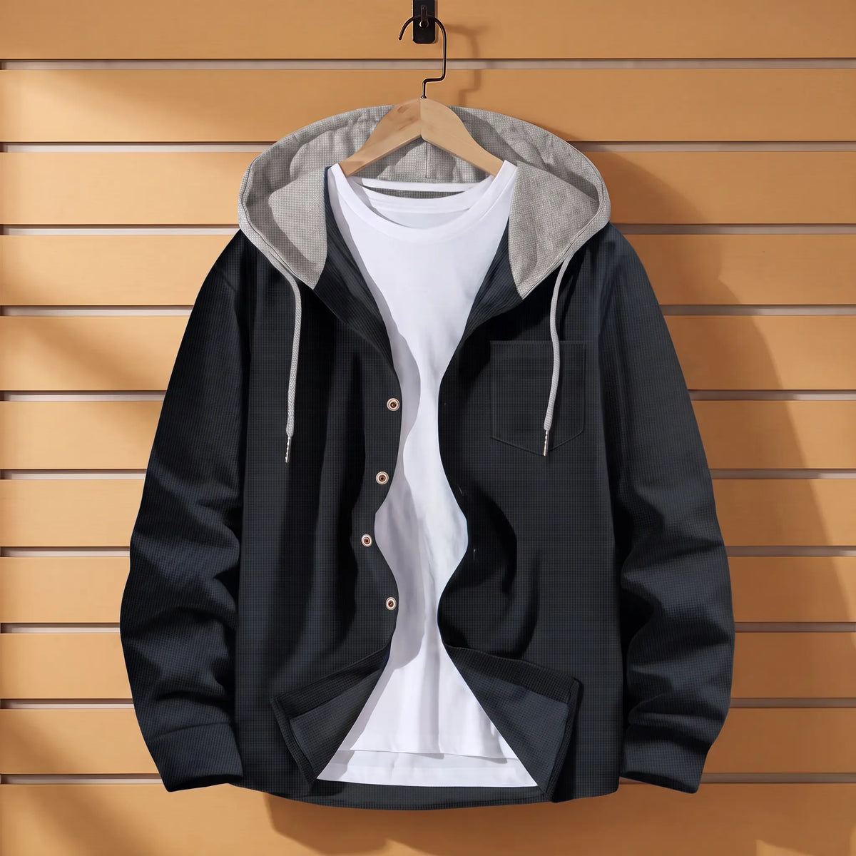 Waffle Hood Cardigan in Black with grey hood