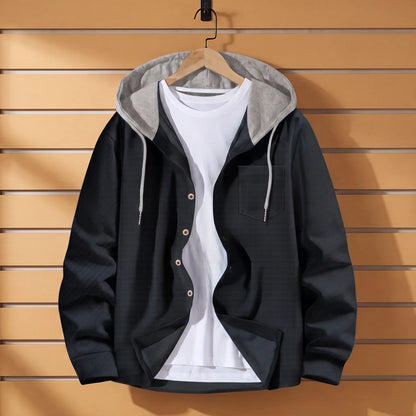 Waffle Hood Cardigan in Black with grey hood
