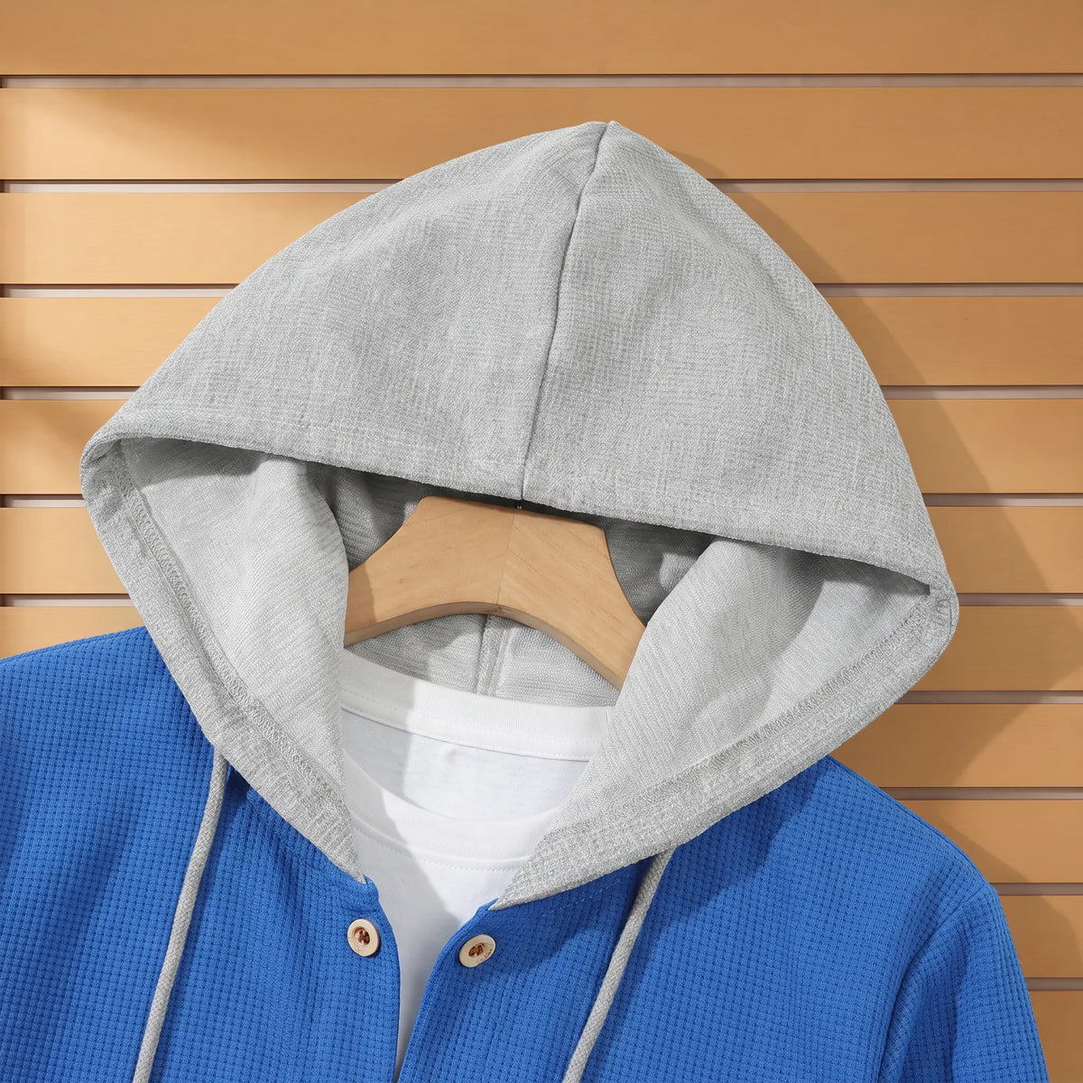 Waffle Hood Cardigan contrast hood and drawcords close-up