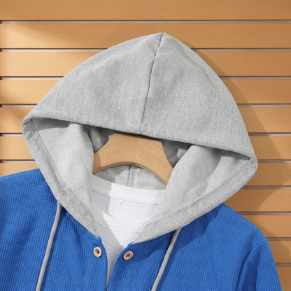 Waffle Hood Cardigan contrast hood and drawcords close-up