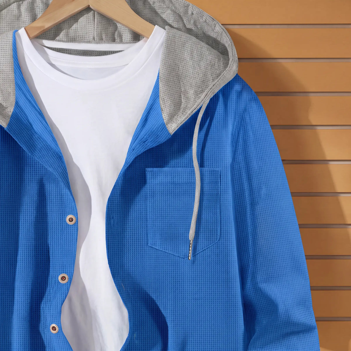 Waffle Hood Cardigan chest pocket and button placket close-up