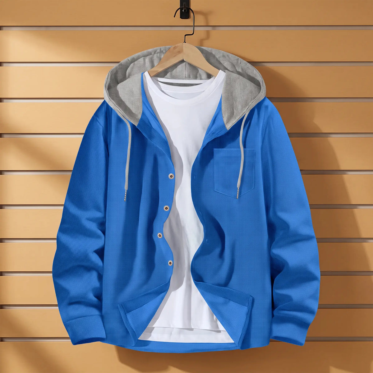 Waffle Hood Cardigan in Royal Blue with grey hood