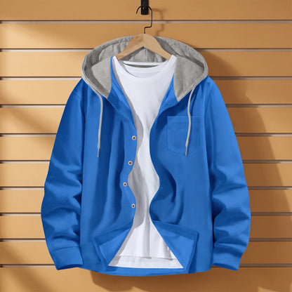 Waffle Hood Cardigan in Royal Blue with grey hood