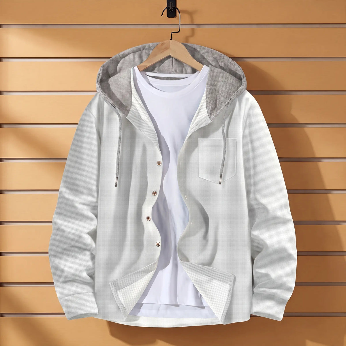 Waffle Hood Cardigan in White with grey hood