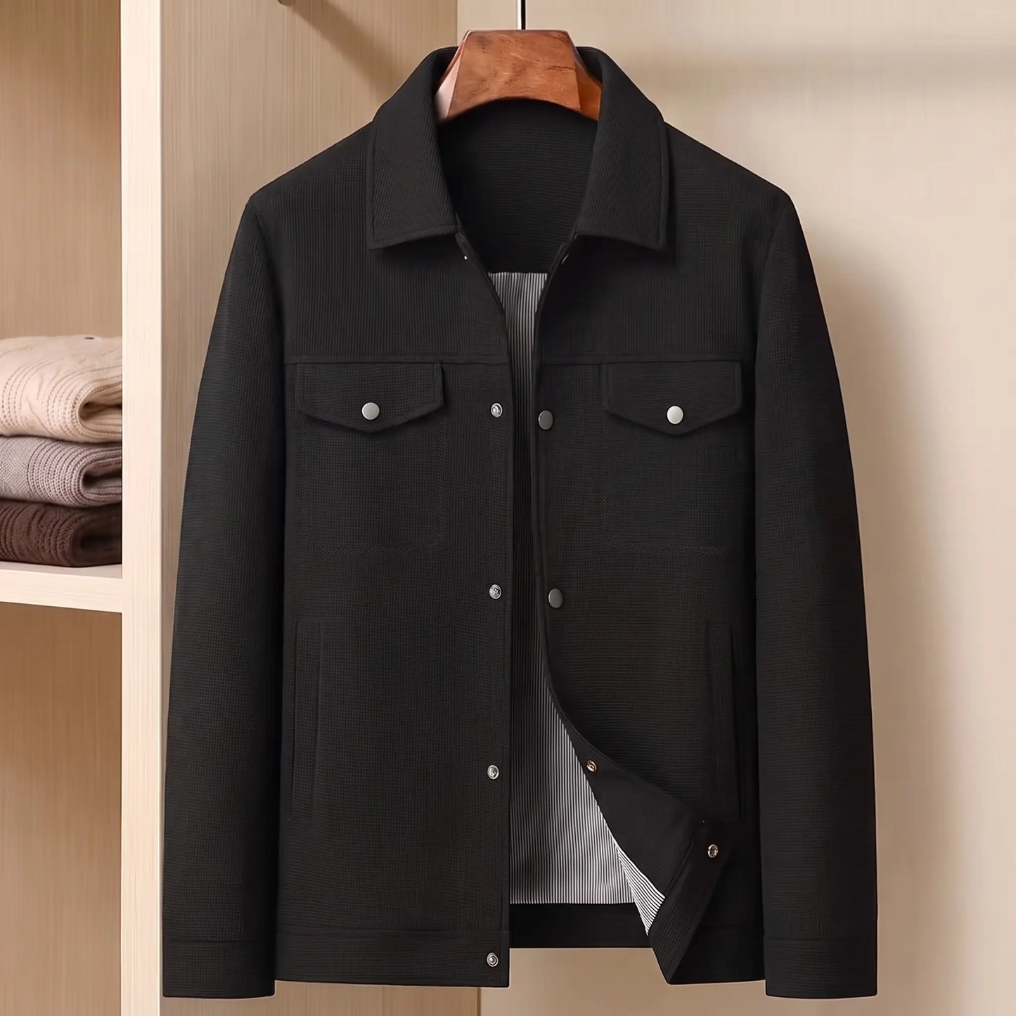 Black waffle texture shirt jacket on a wooden hanger in a pale wood wardrobe