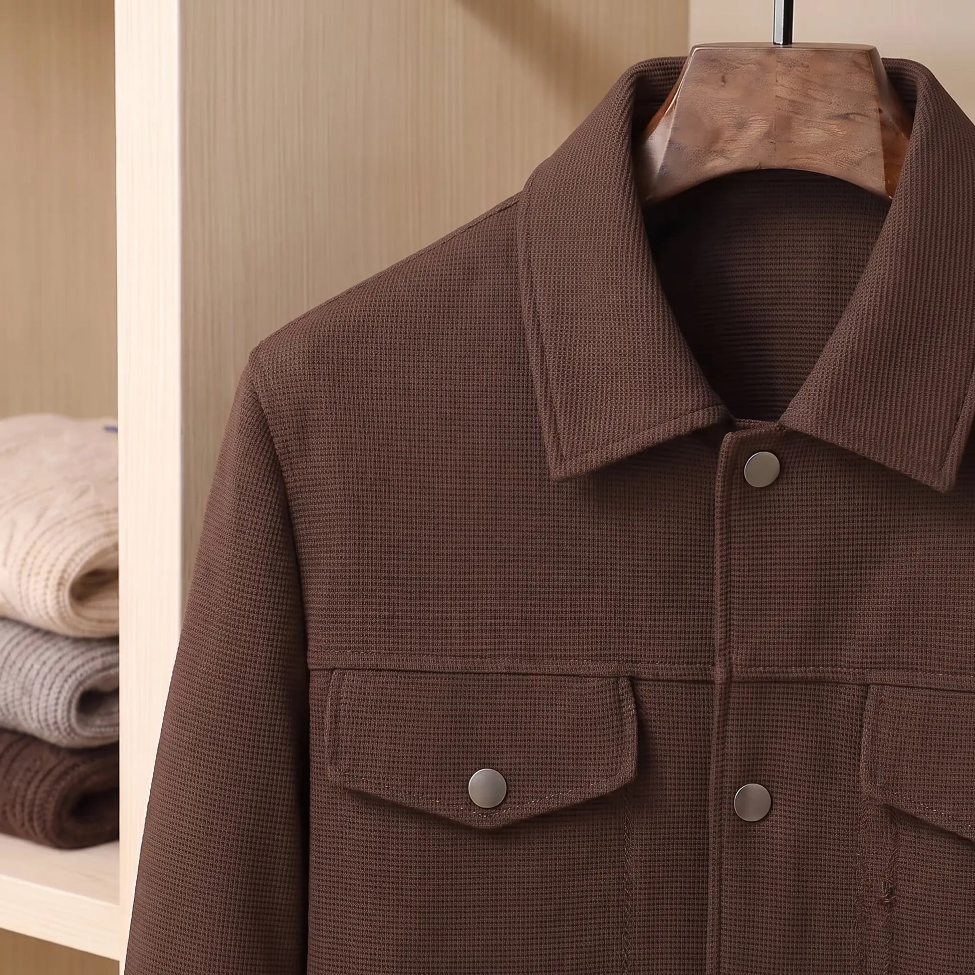 Close up of the collar, chest flap pocket and snap button on the coffee waffle texture jacket