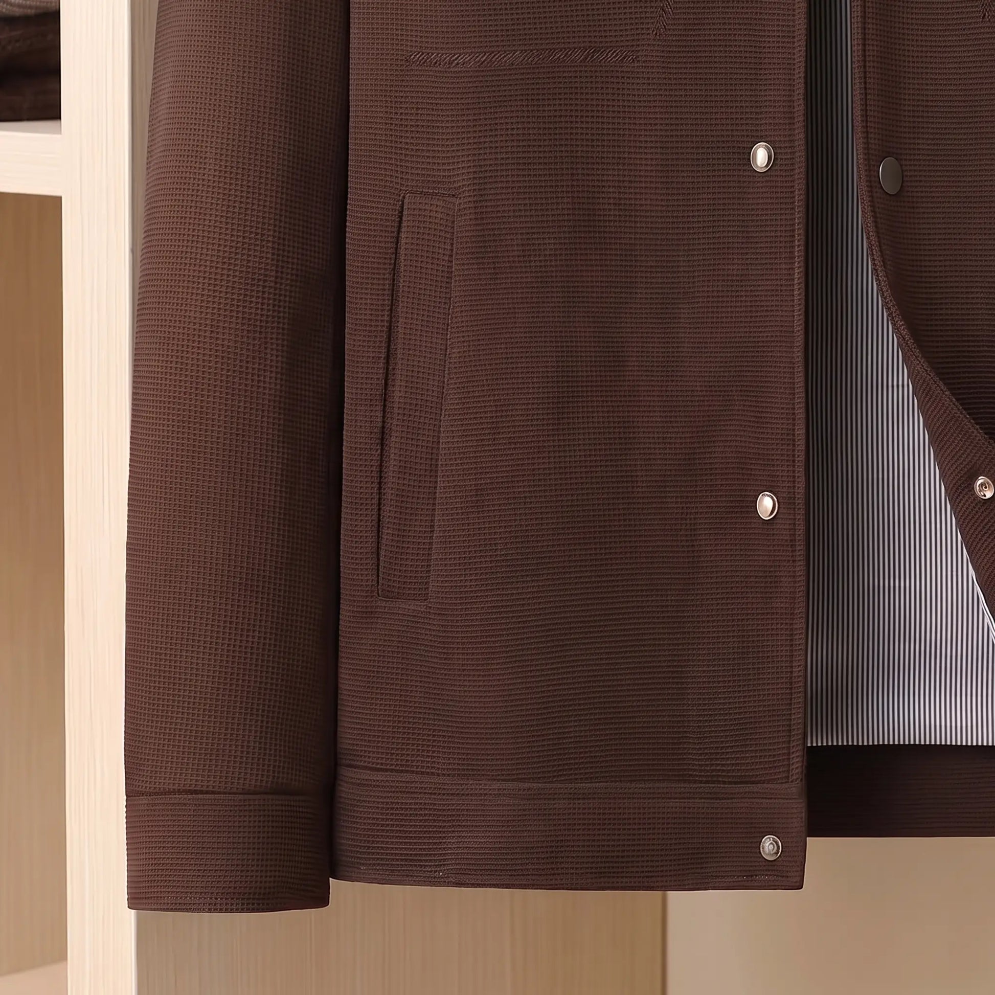 Close up of the waist pocket, striped lining and hem on the coffee waffle texture jacket