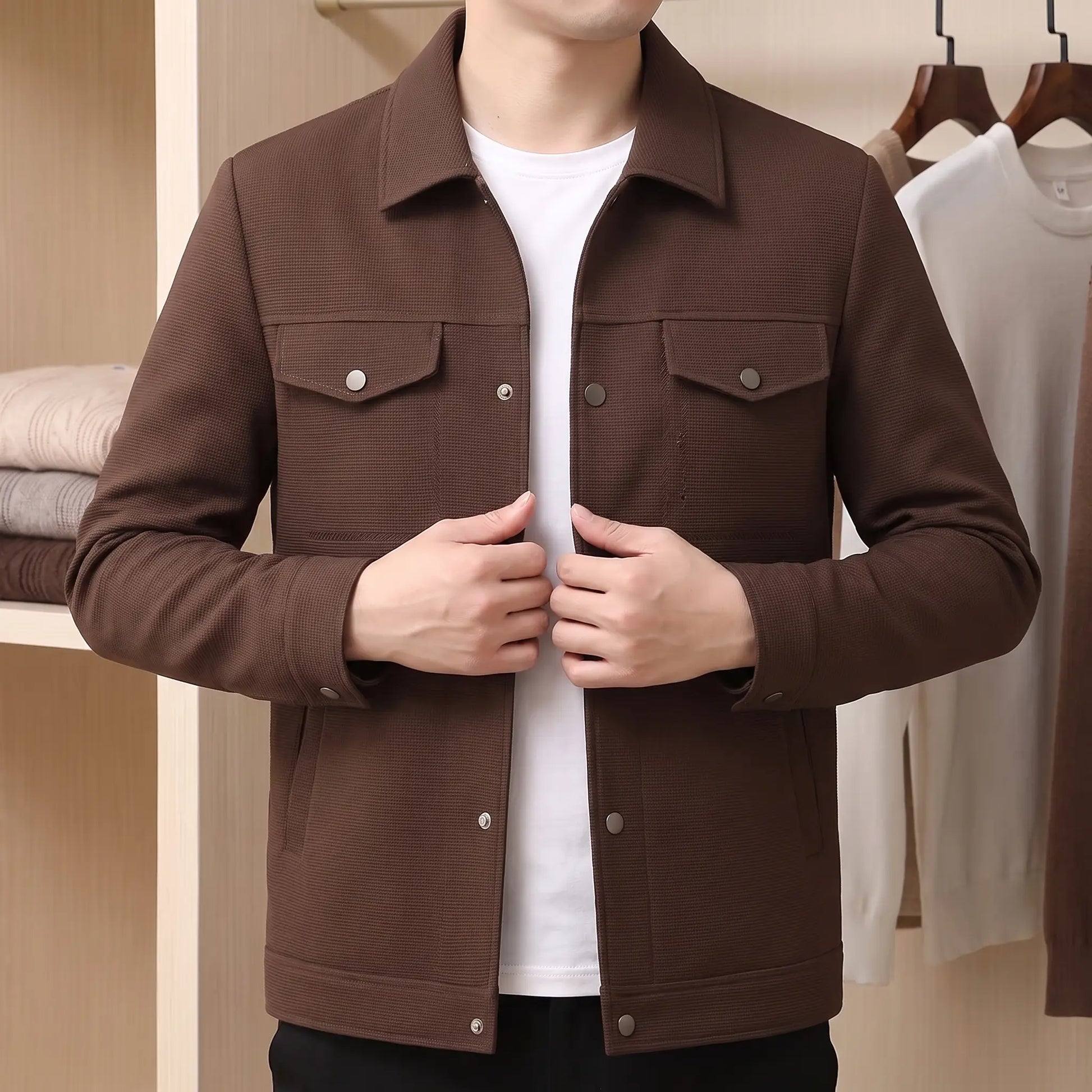 Man wearing the coffee waffle texture shirt jacket and snapping the front closed