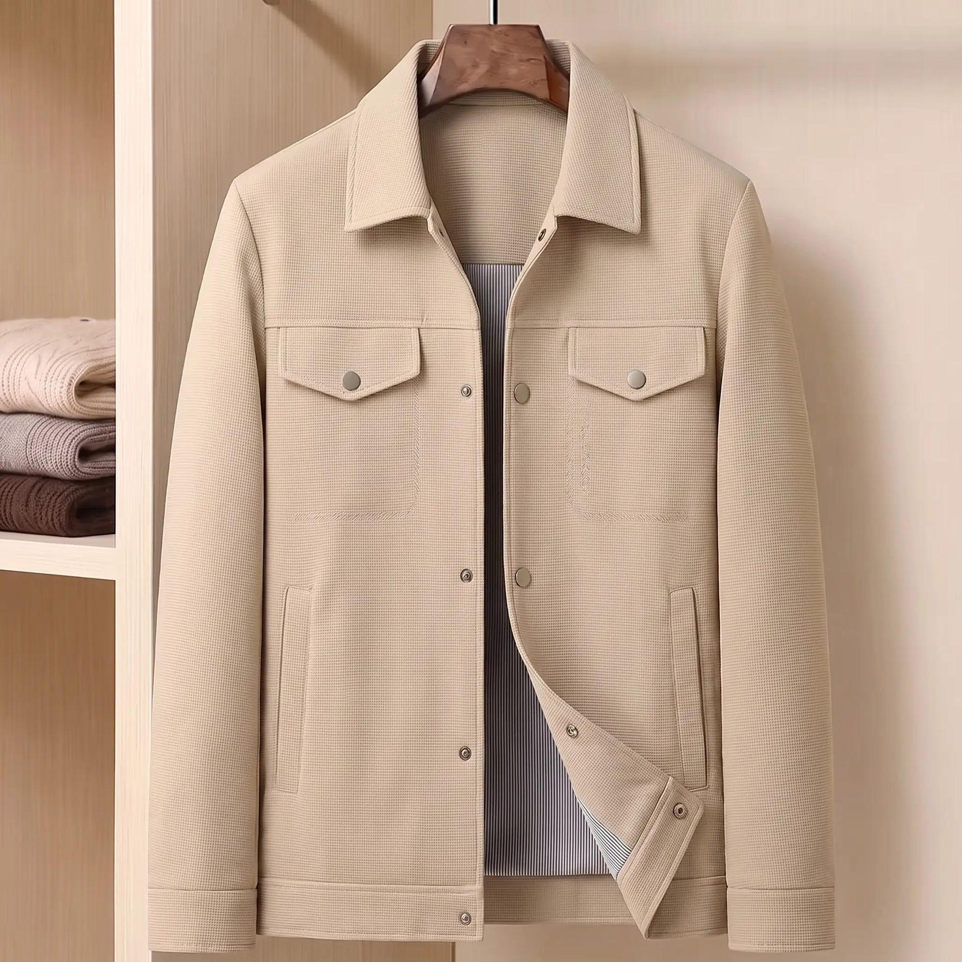Khaki waffle texture shirt jacket on a wooden hanger in a pale wood wardrobe