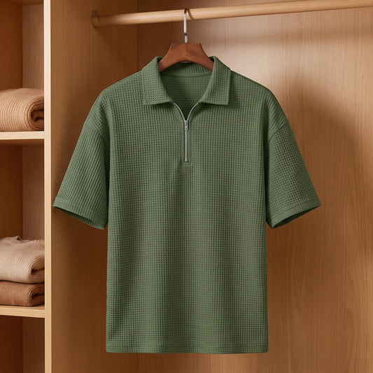Waffle Zip Polo in Green