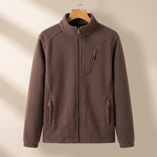WARM LINED FLEECE in brown, men's plush-lined polar fleece zip jacket with stand collar