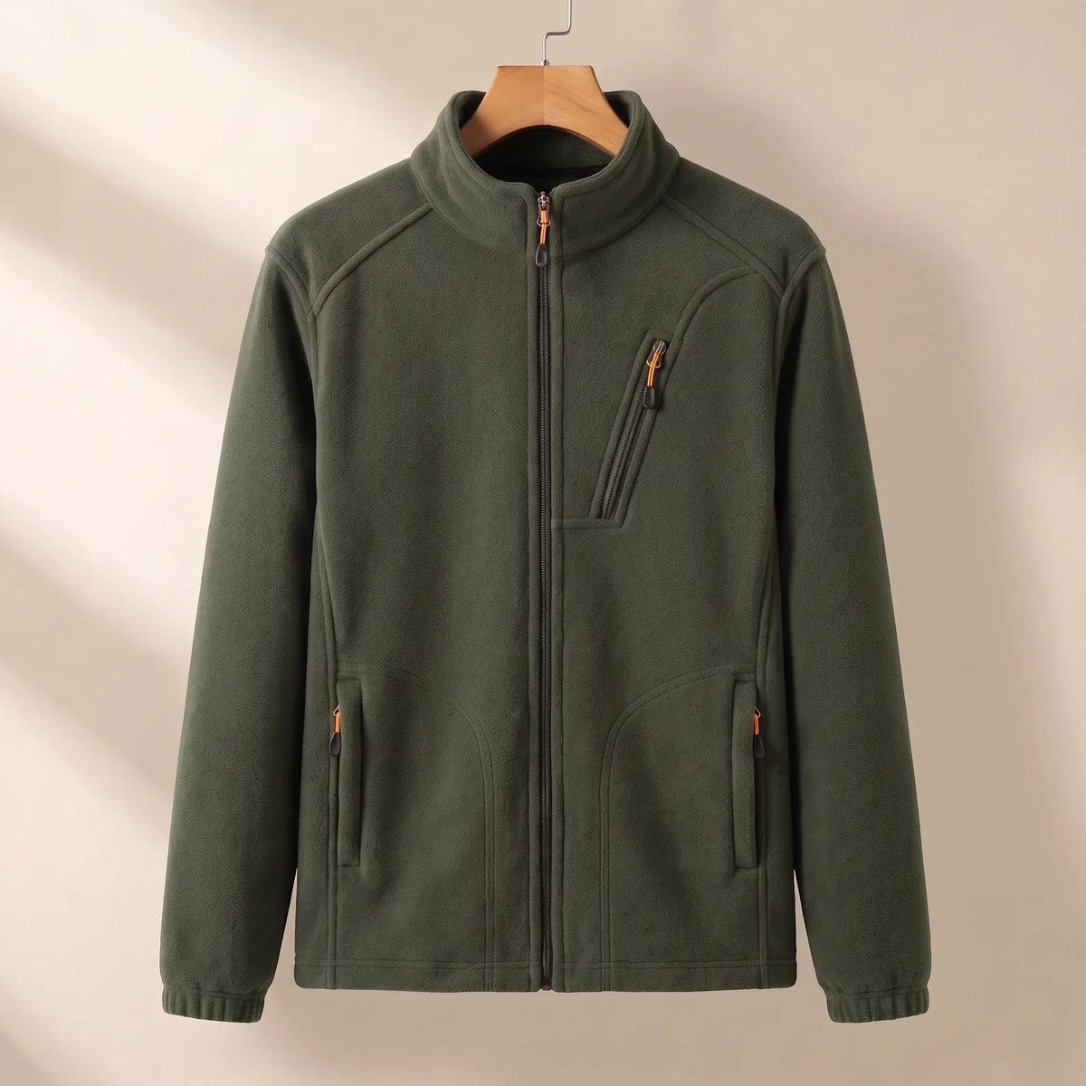 WARM LINED FLEECE in green, men's plush-lined polar fleece zip jacket with stand collar