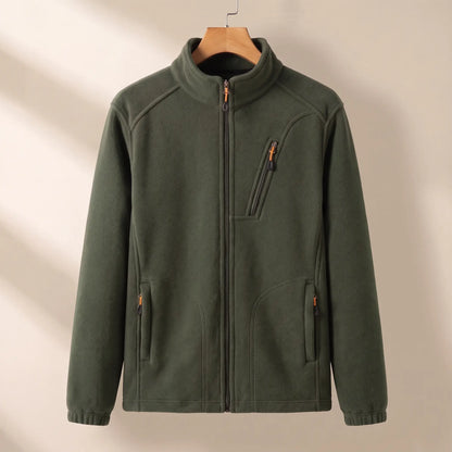 WARM LINED FLEECE in green, men's plush-lined polar fleece zip jacket with stand collar