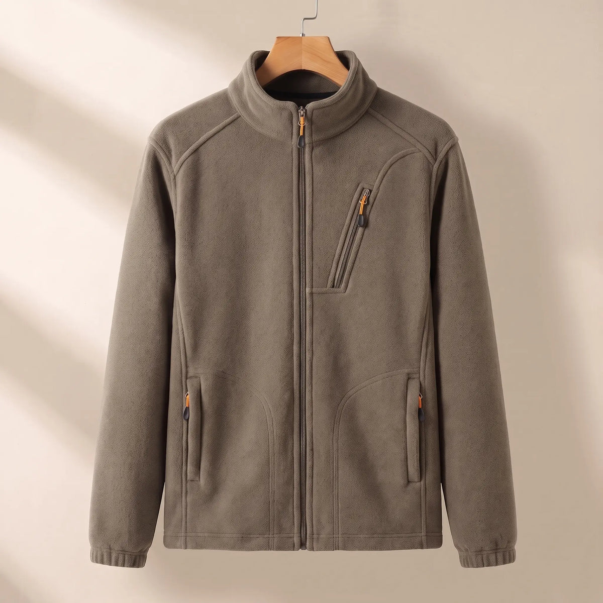 WARM LINED FLEECE in khaki, men's plush-lined polar fleece zip jacket with stand collar