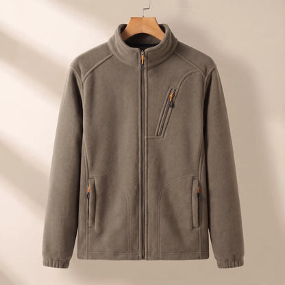 WARM LINED FLEECE in khaki, men's plush-lined polar fleece zip jacket with stand collar