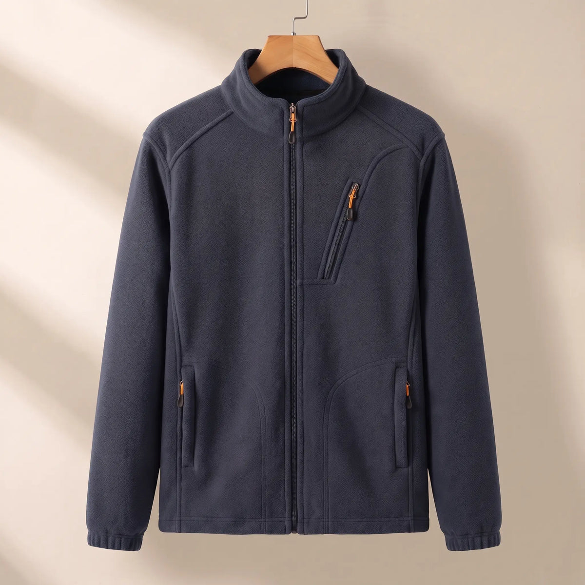 WARM LINED FLEECE in navy blue, men's plush-lined polar fleece zip jacket with stand collar