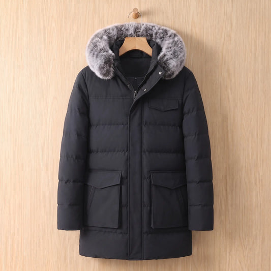 Black warm longline parka for men with fur trimmed hood on a wooden hanger