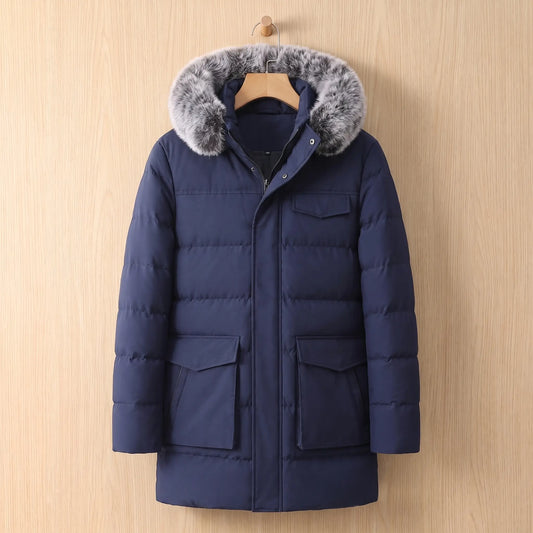 Navy blue warm longline parka for men with fur trimmed hood on a wooden hanger