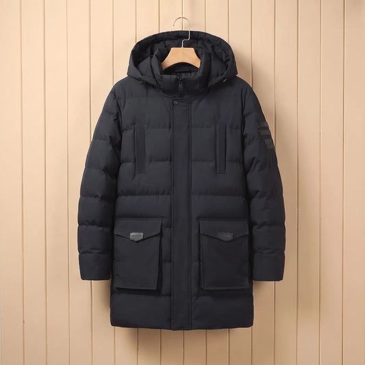 Men's black quilted padded winter coat with hood, snap placket and large flap pockets on a wooden hanger