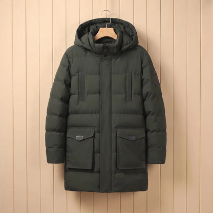 Men's army green quilted padded winter coat with hood, snap placket and large flap pockets on a wooden hanger