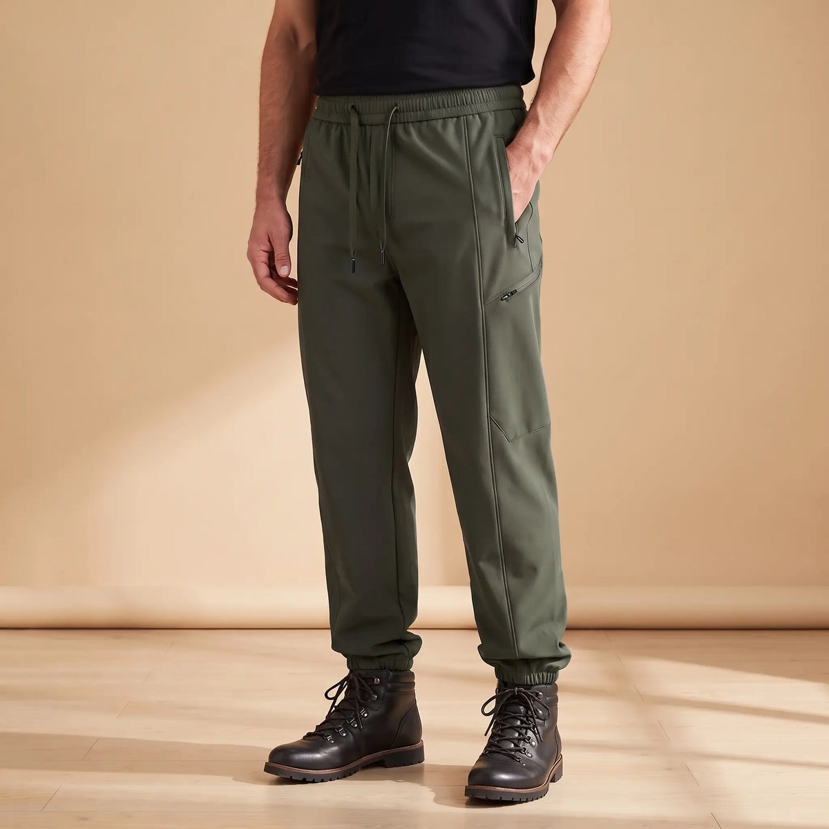 WARM TRAIL JOGGERS in army green, men's fleece-lined softshell joggers with zip pockets and cuffed hems