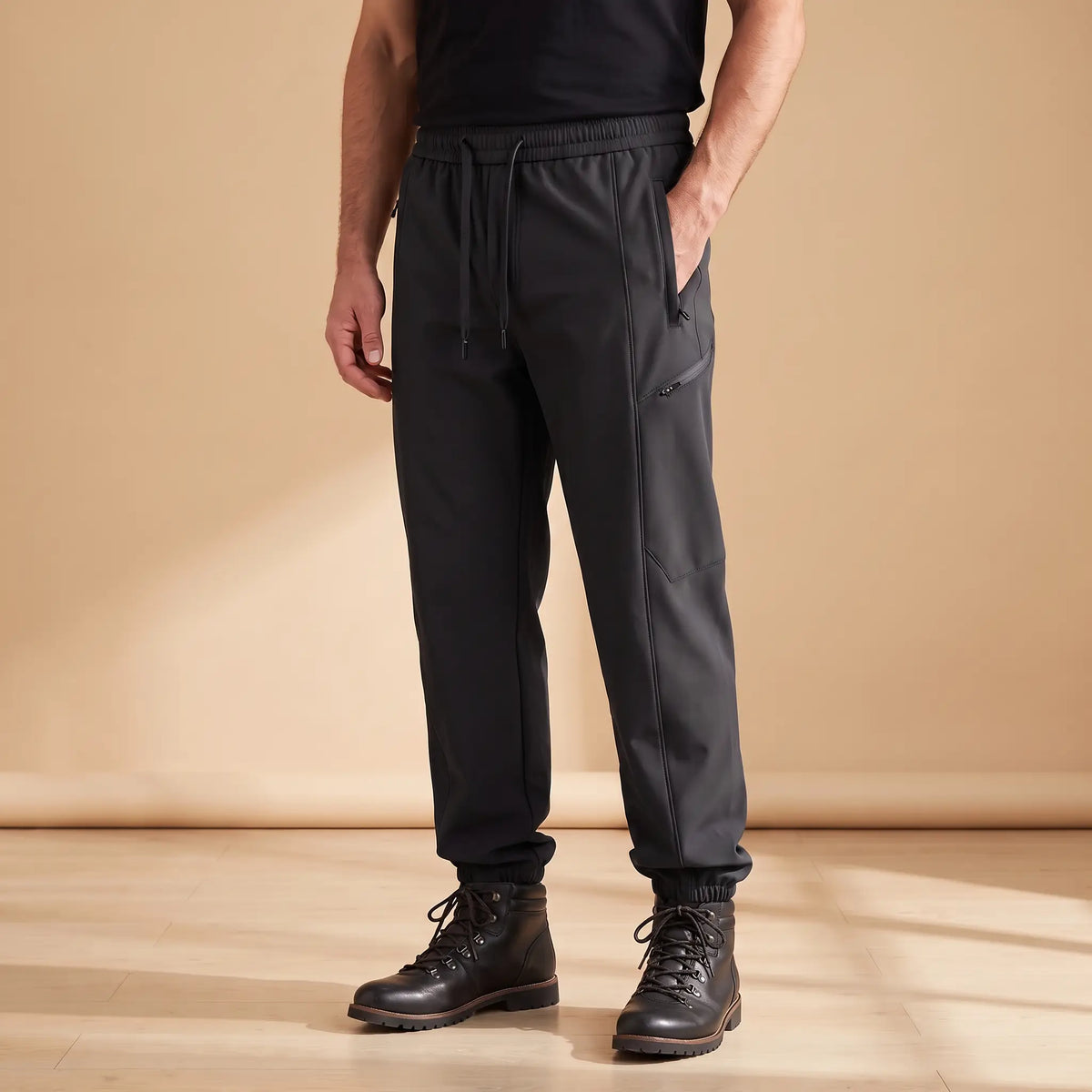 WARM TRAIL JOGGERS in black, men's fleece-lined softshell joggers with zip pockets and cuffed hems