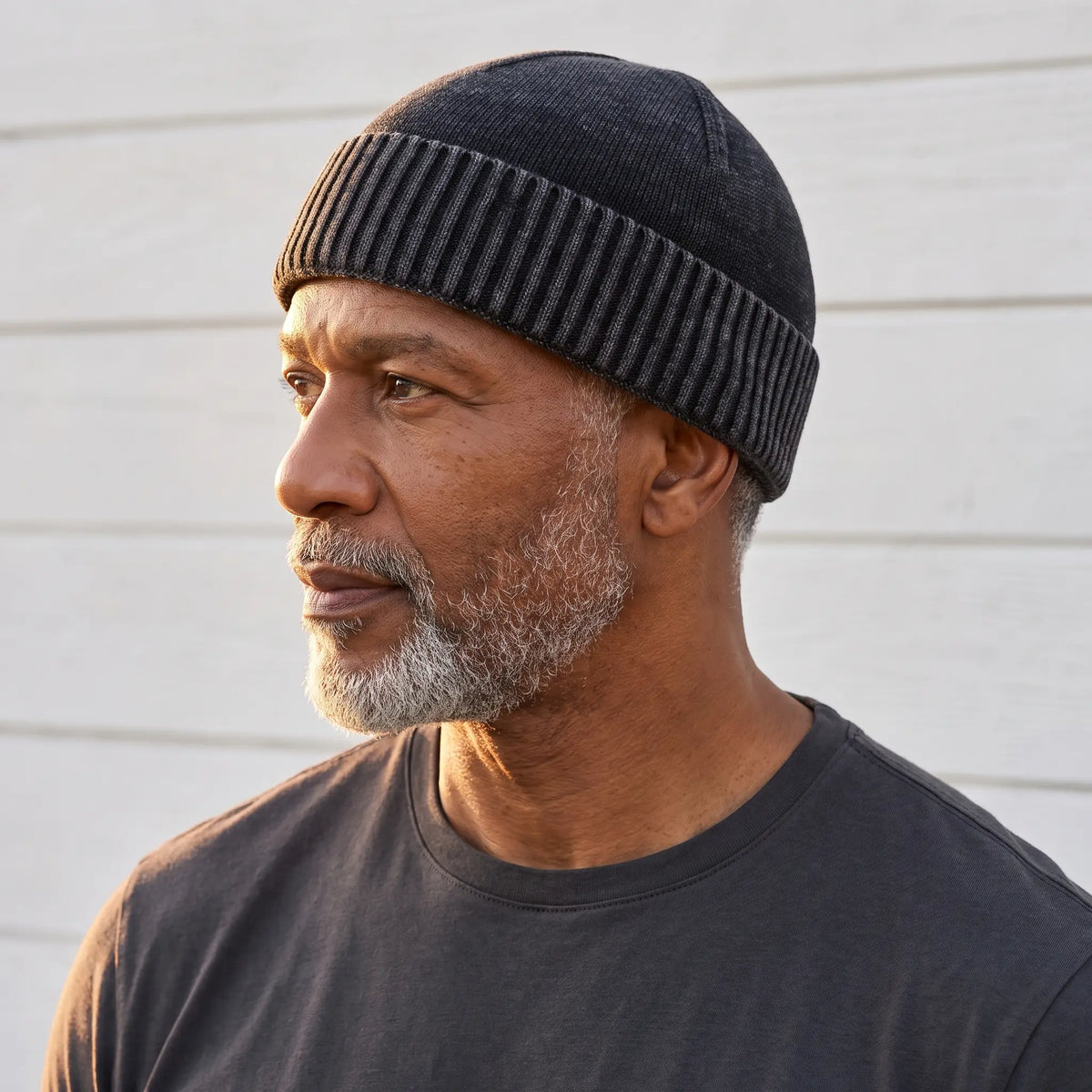 Black washed knit beanie for men with a deep ribbed turn-up cuff